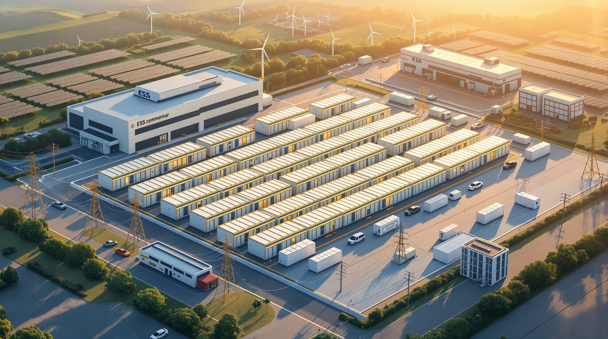 A photorealistic aerial view of a large-scale battery storage facility with rows of white industrial containers and sodium-io