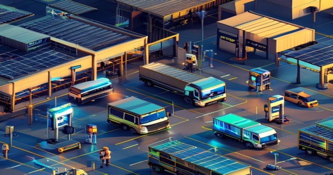 A dynamic isometric view of a bustling commercial logistics hub at golden hour, featuring a mix of traditional diesel trucks 