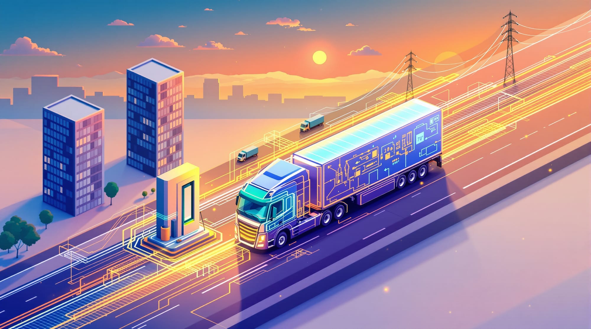 Isometric vector illustration featuring a heavy-duty electric semi-truck charging at a high-power station with a glowing conn