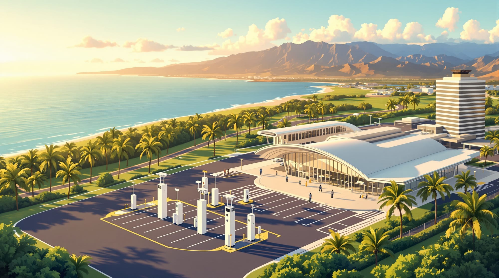 Aerial view of Kapalua Airport on Maui with the Pacific Ocean and West Maui Mountains in the background, showing a modern EV 