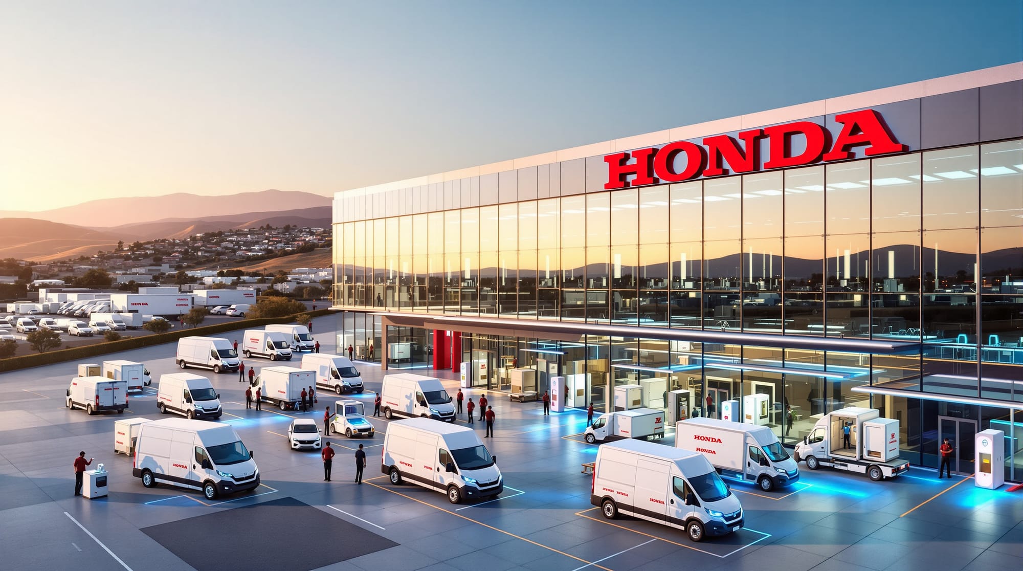 A photorealistic isometric view of Honda's modern glass and steel headquarters building in Torrance, California, with the dis
