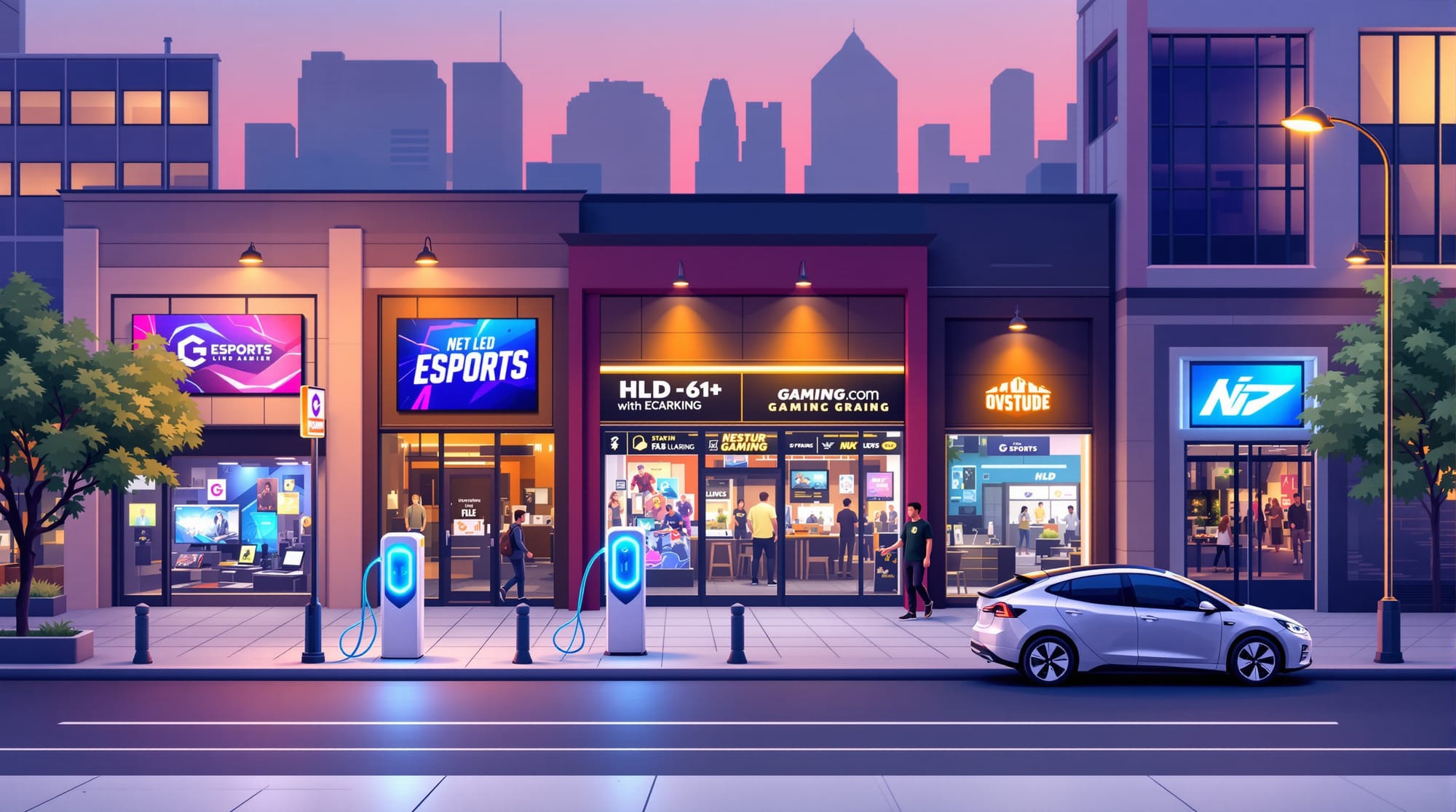 Isometric vector illustration showing a bustling urban street corner at dusk with vibrant neon accents. Center: a sleek curbs