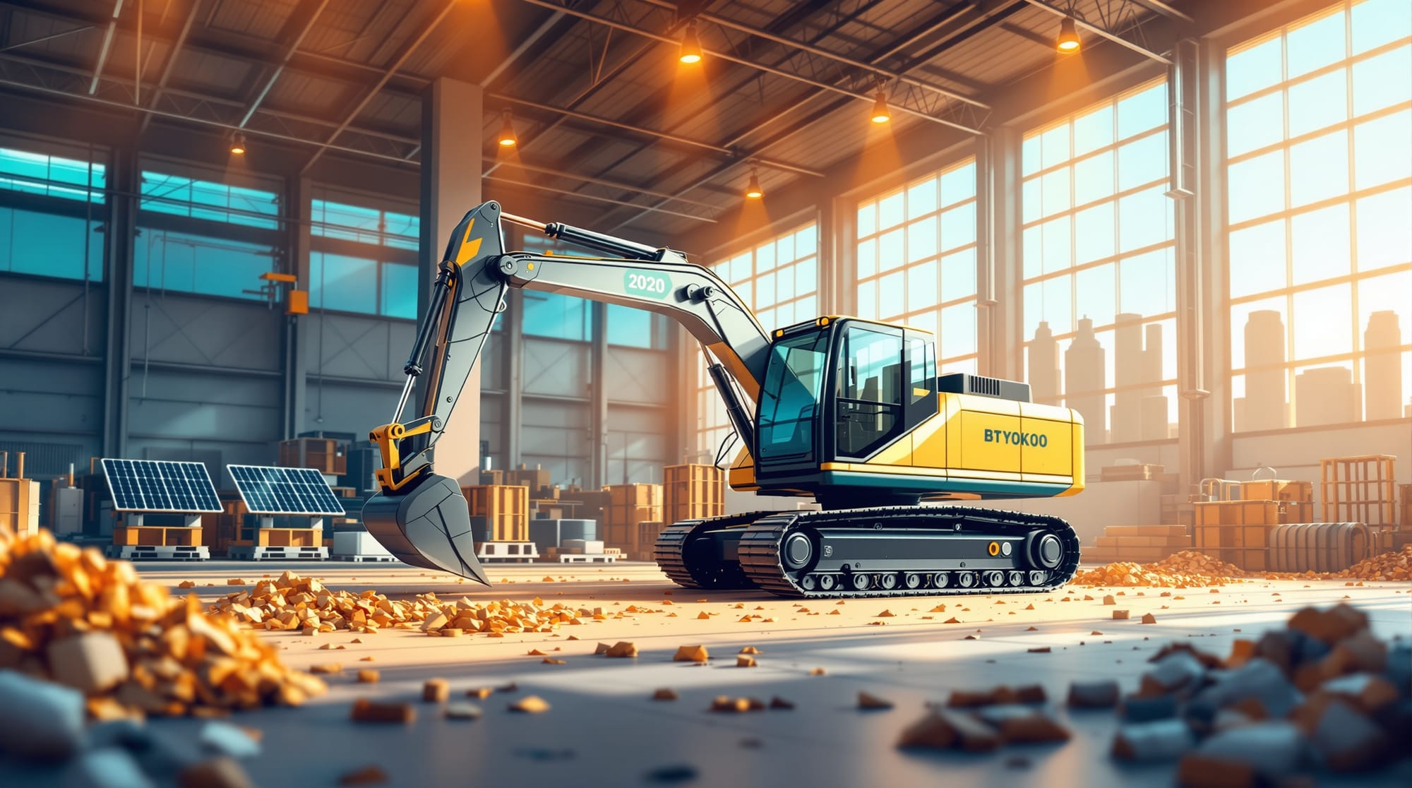 A photorealistic industrial scene showing a modern electric wheeled excavator with sleek design operating autonomously in a E