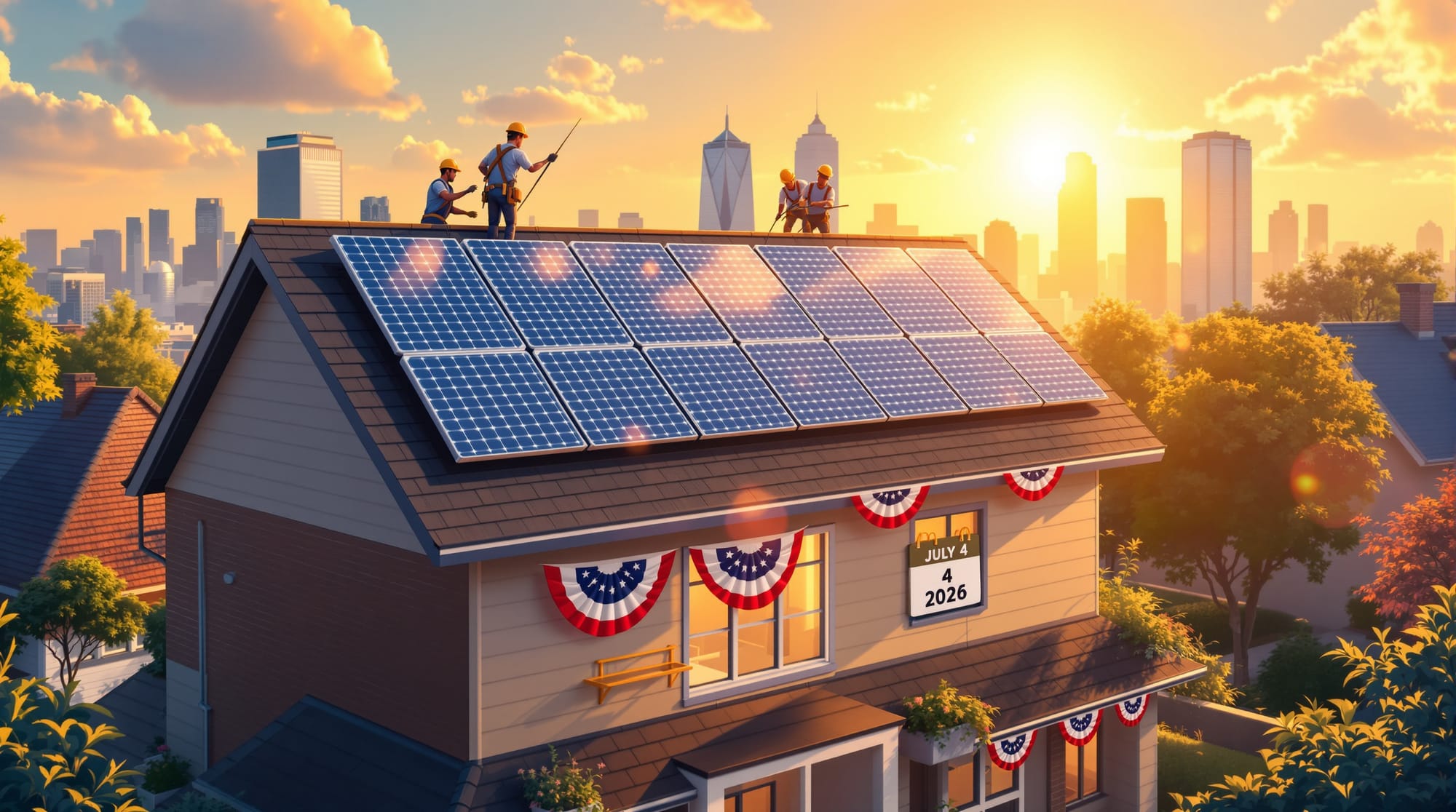 A dramatic rooftop solar installation scene captured during golden hour, with American flag bunting draped along the gutters 