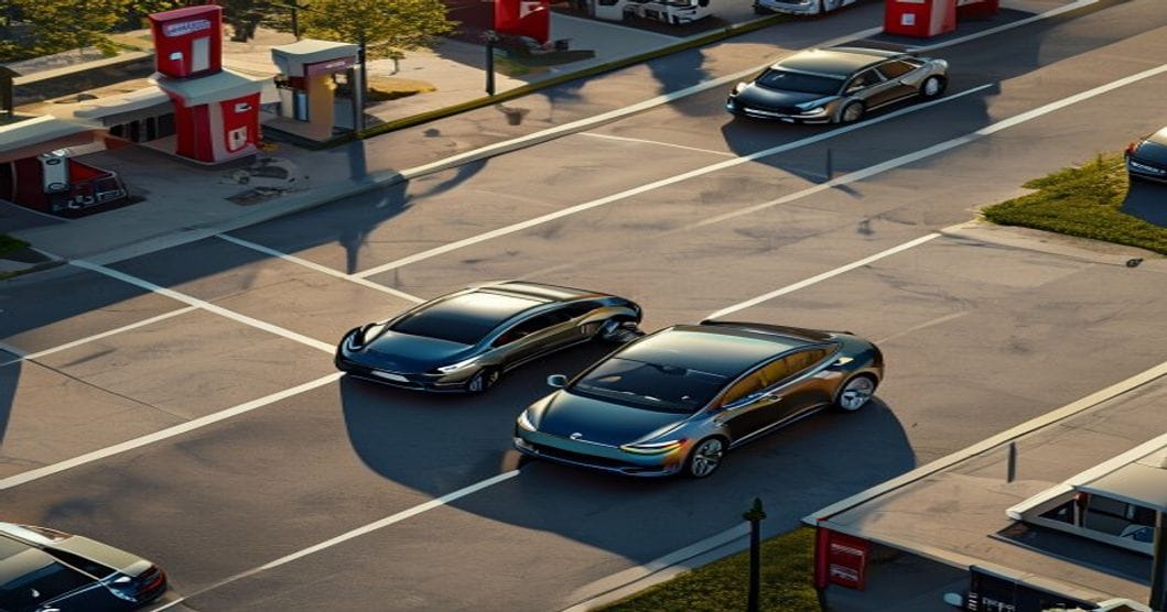 A photorealistic overhead view of a Tesla Model S slowly moving through a parking lot with the distinctive Tesla logo visible