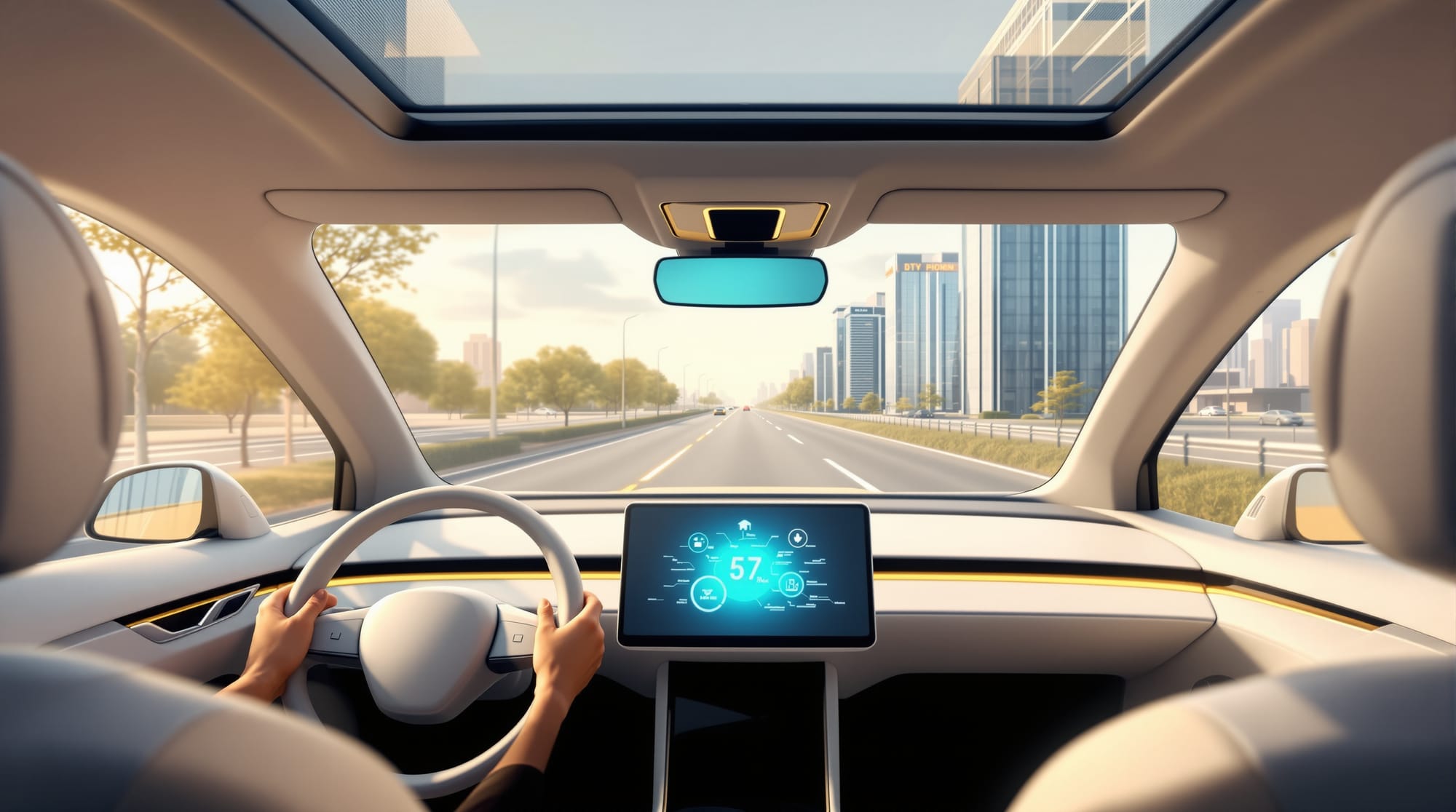 A photorealistic view from inside a Tesla Model S cockpit showing the distinctive horizontal touchscreen display with a feedb