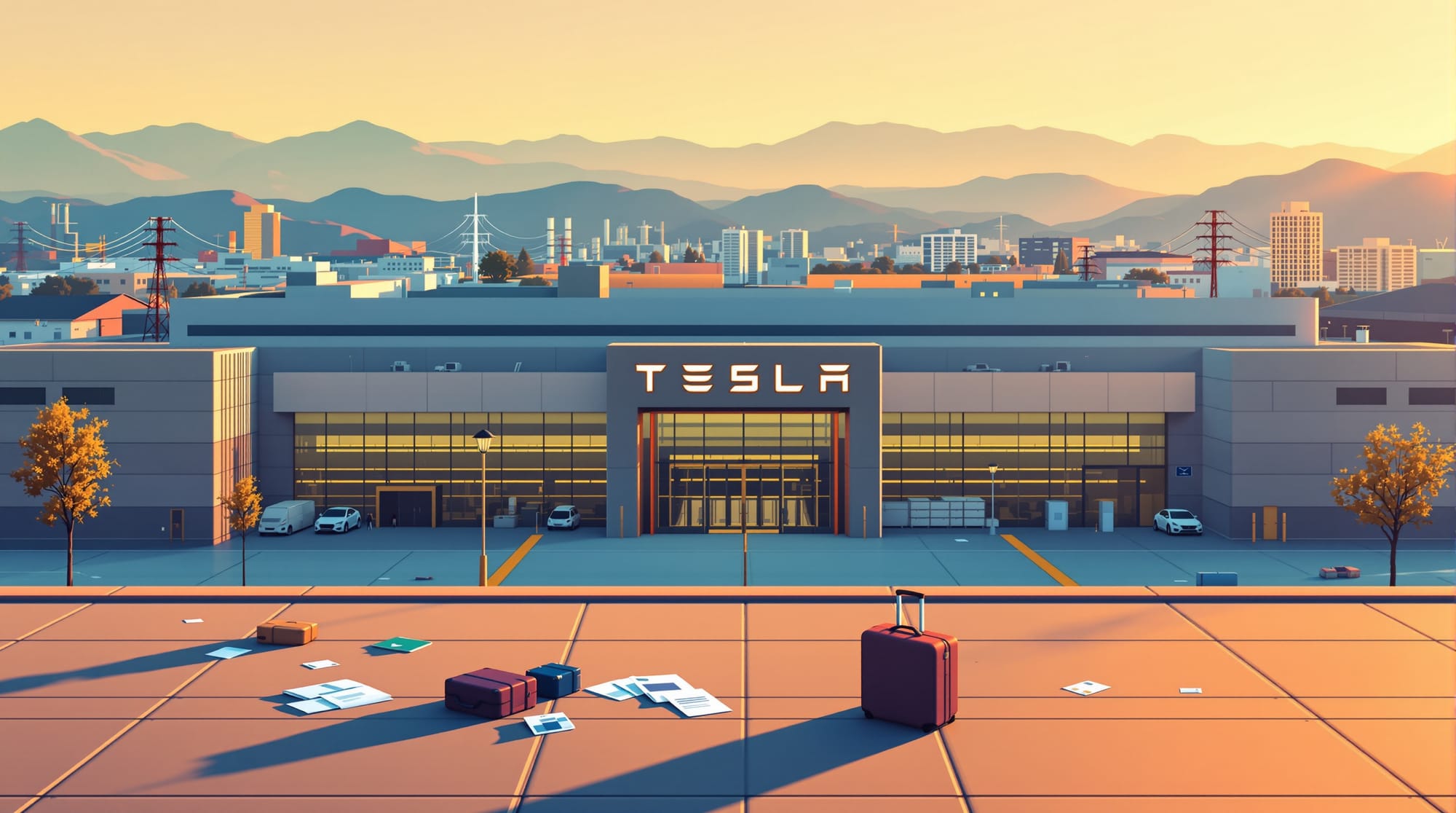 A photorealistic wide-angle shot of Tesla's Fremont factory entrance from an elevated perspective during golden hour, showing
