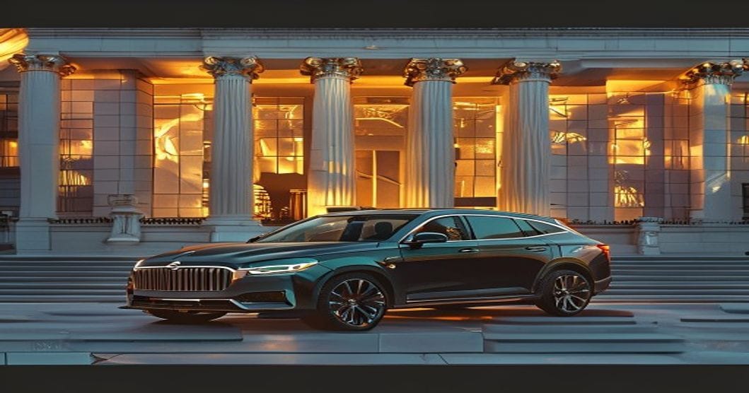 A photorealistic courtroom scene with a modern Tesla Model S parked in the foreground outside a contemporary courthouse build