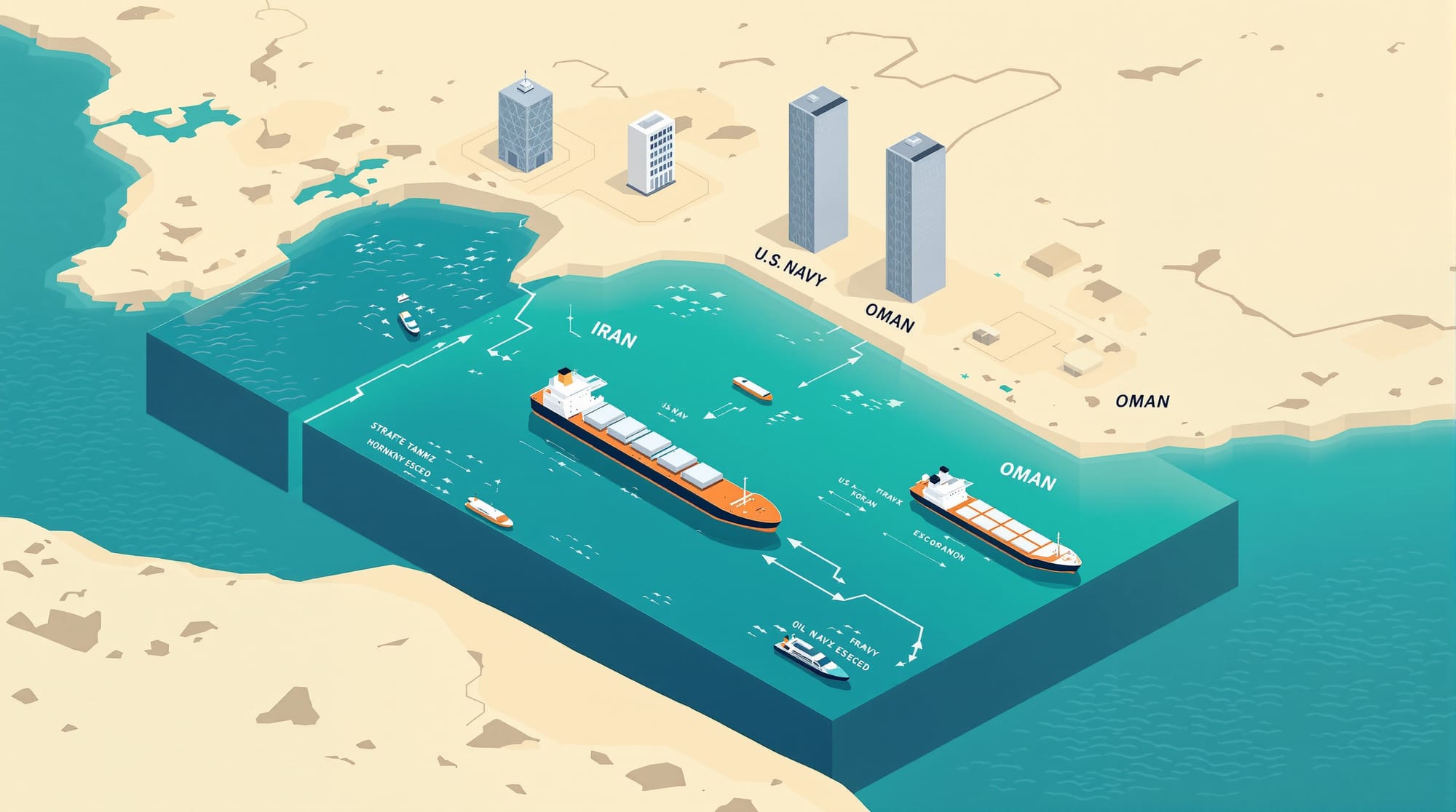 Flat 3D isometric vector illustration showing a cross-section of the Strait of Hormuz with three tanker vessels positioned at