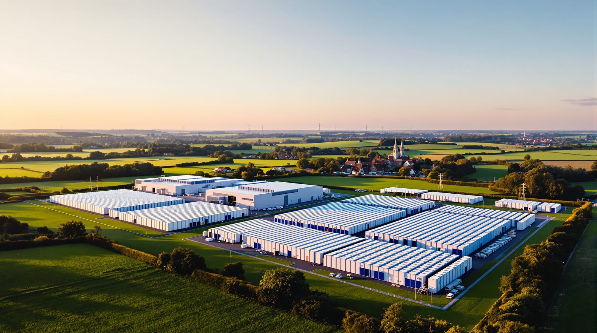 A photorealistic aerial view of a modern industrial facility in the rolling countryside of East Sussex, England, with the ico