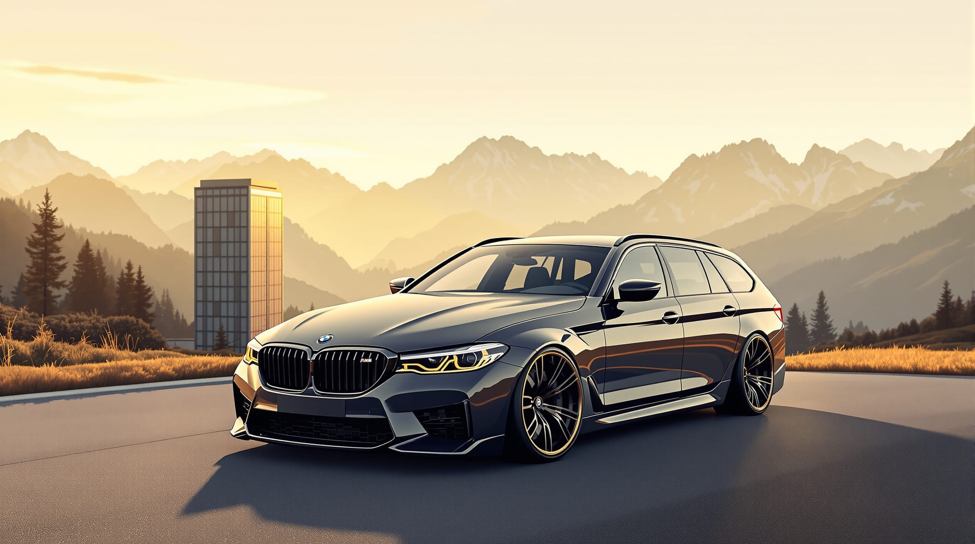 A sleek dark metallic BMW M5 Touring estate positioned at three-quarter front angle in the Alpine foothills near Buchloe, Ger