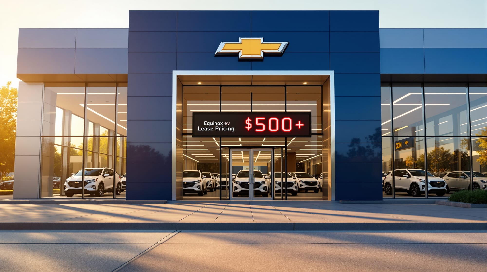 A photorealistic exterior shot of a modern GM dealership showroom at golden hour, with the distinctive Chevrolet bowtie logo 