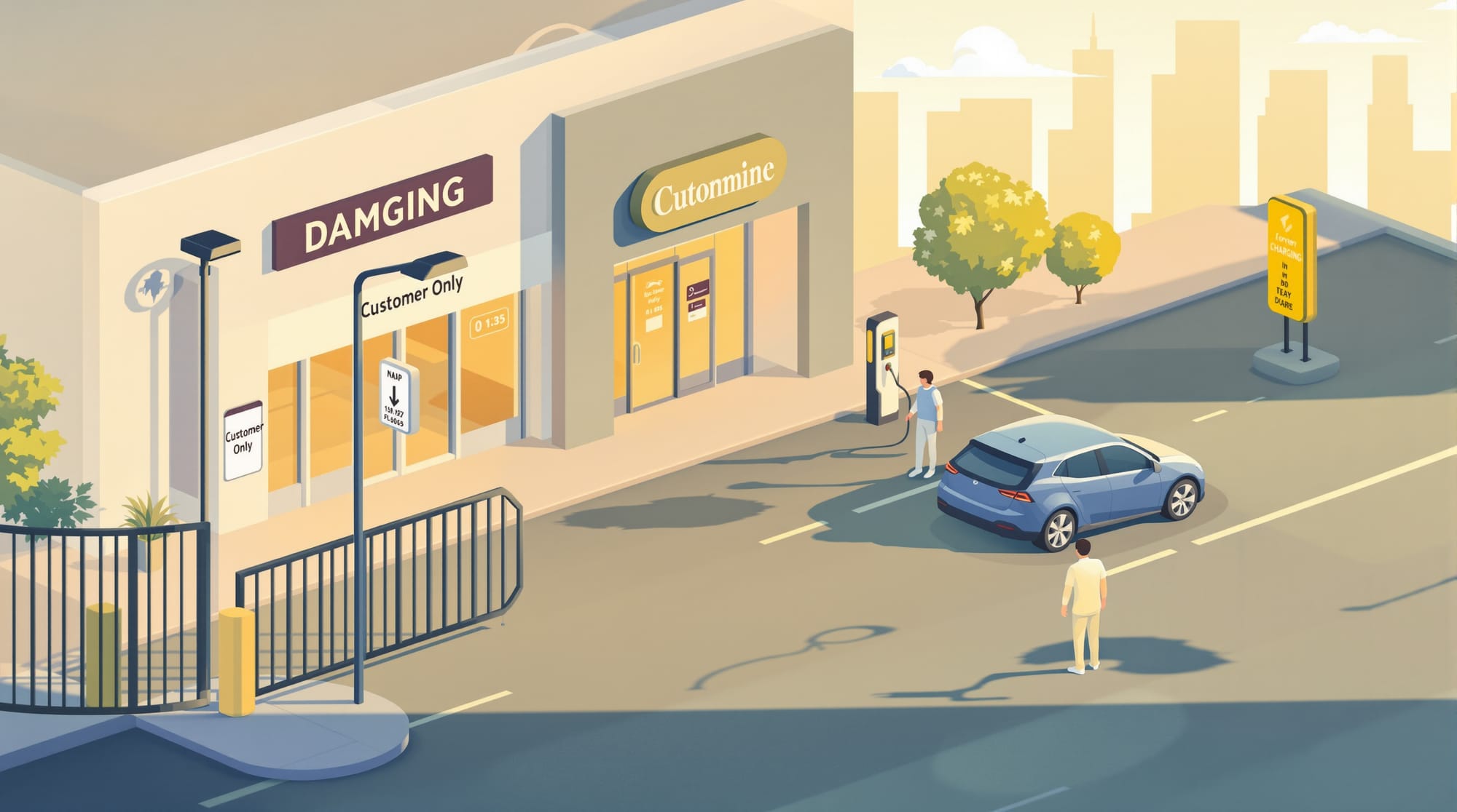 A photorealistic image showing a modern automotive dealership lot with several electric vehicle charging stations in the fore