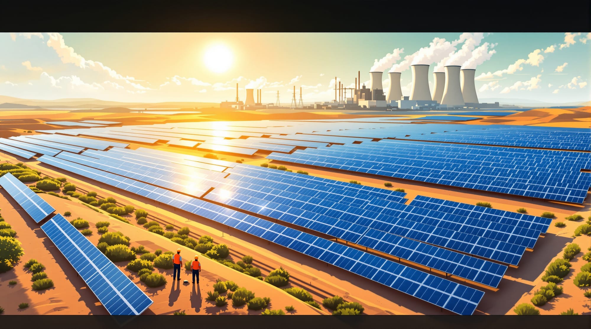 Photorealistic aerial view of a massive solar farm installation stretching toward the horizon, with traditional natural gas p