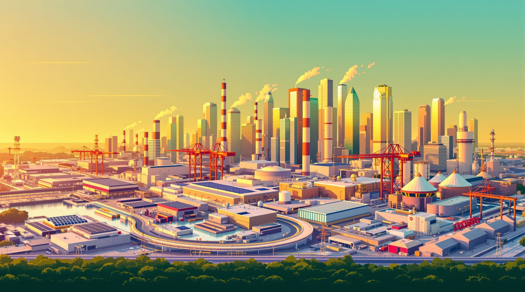 A sweeping aerial view of Houston's industrial skyline at golden hour, with the distinctive downtown Houston skyscrapers visi