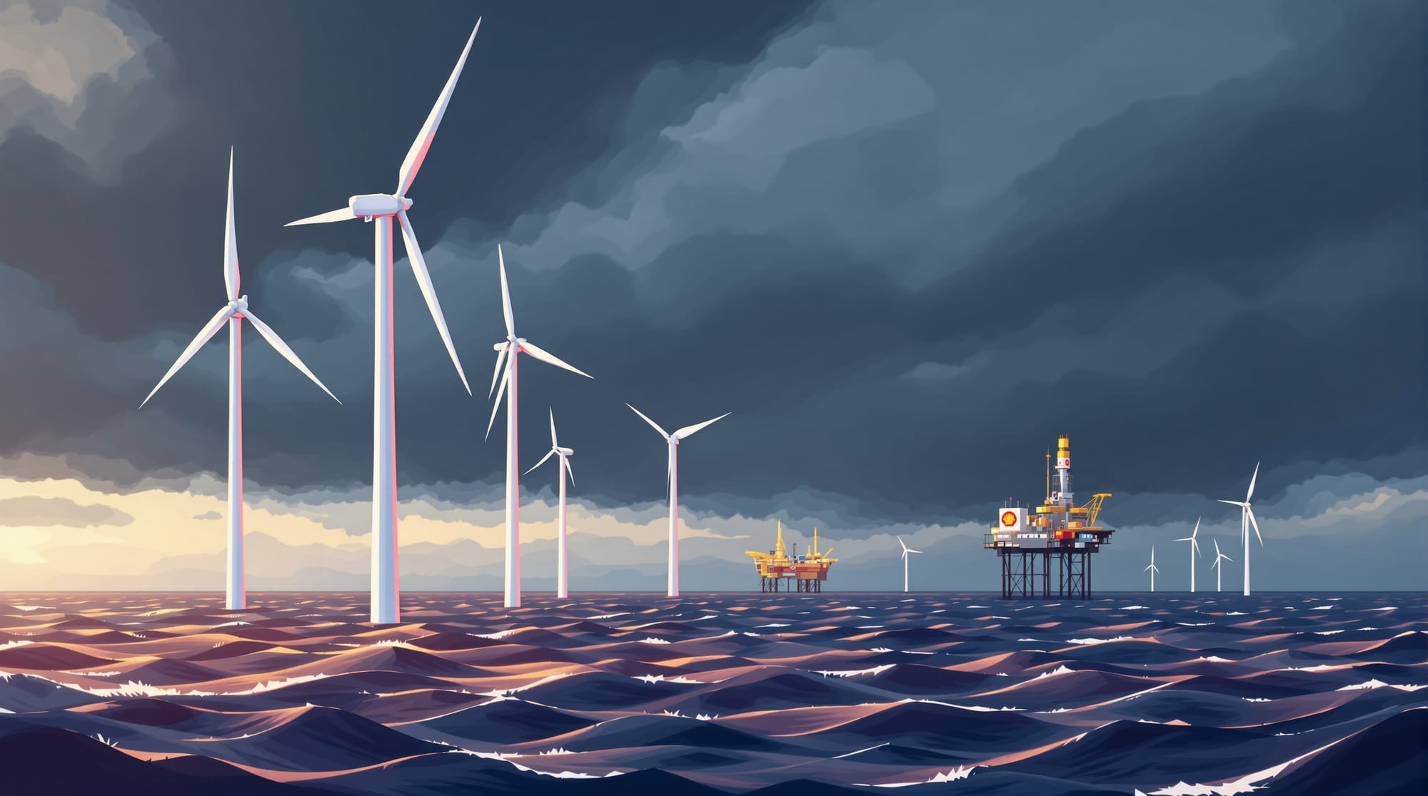 A dramatic aerial view of massive offshore wind turbines stretching across dark ocean waters, with Shell's distinctive yellow