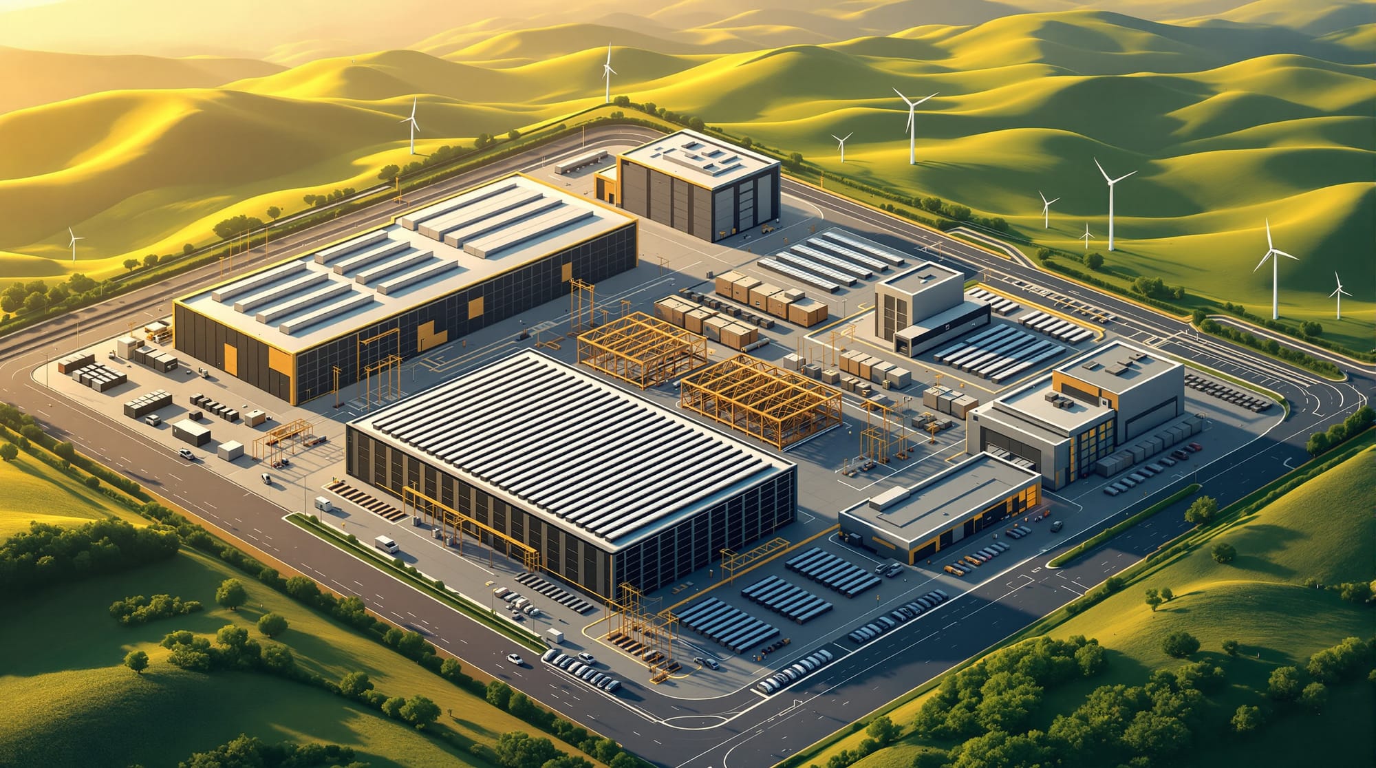 Photorealistic aerial view of a massive modern data center complex with distinctive server farm buildings featuring countless