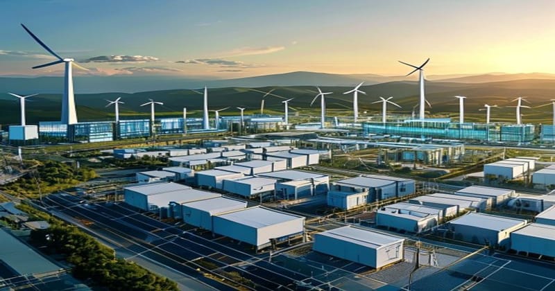 A dramatic aerial view of a massive battery storage facility with rows of white industrial battery containers stretching towa
