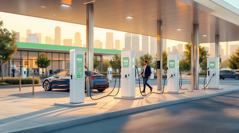 A photorealistic wide-angle shot of a modern EV charging station at a retail gas station location, showing multiple white Bli