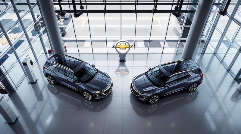 A photorealistic overhead shot of a modern Chevrolet dealership showroom floor featuring the distinctive angular design of Bl