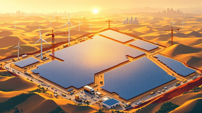 A sweeping aerial view of a massive solar farm installation under construction, with workers and equipment scattered across t