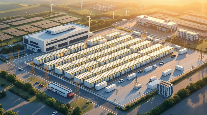 A photorealistic aerial view of a large-scale battery storage facility with rows of white industrial containers and sodium-io