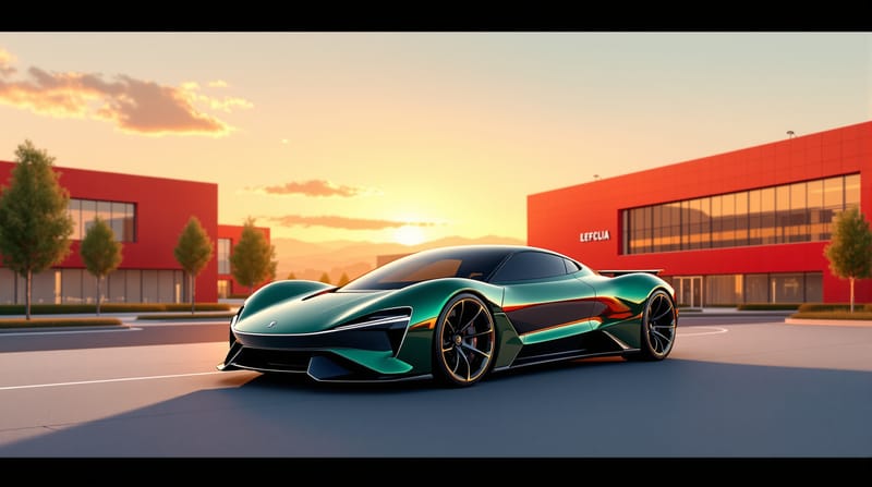 A dramatic three-quarter front view of the Ferrari Luce electric supercar photographed outside Ferrari's iconic Maranello hea