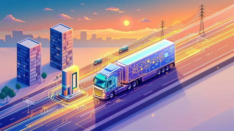 Isometric vector illustration featuring a heavy-duty electric semi-truck charging at a high-power station with a glowing conn