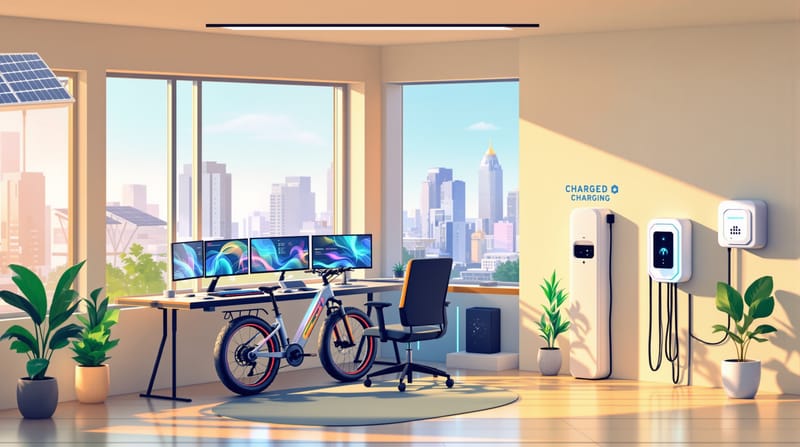A sleek modern home office setup viewed from a three-quarter angle, showcasing a gaming desk with RGB mechanical keyboard and