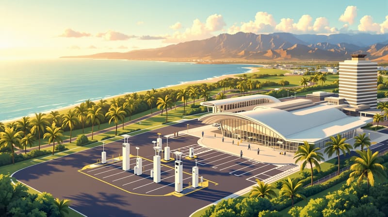 Aerial view of Kapalua Airport on Maui with the Pacific Ocean and West Maui Mountains in the background, showing a modern EV 
