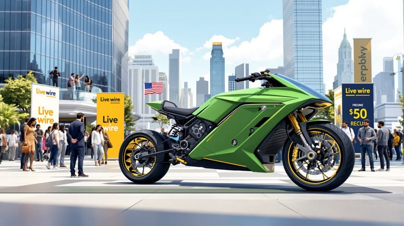 A dynamic photorealistic scene showing a sleek electric motorcycle prototype on display at an outdoor demonstration event in 