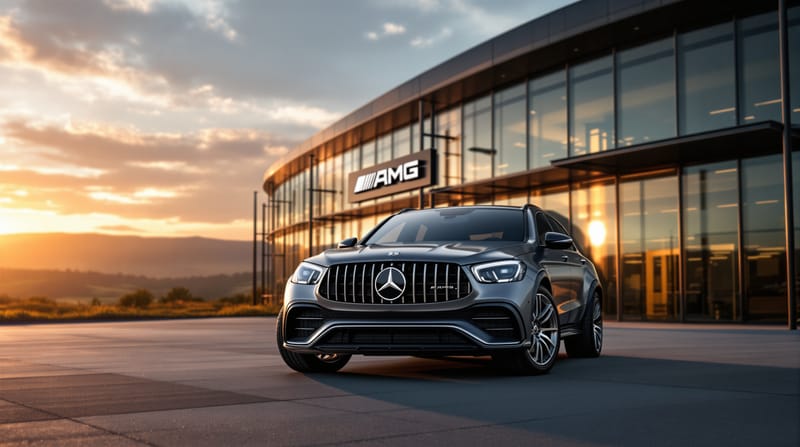 A photorealistic three-quarter front view of a sleek silver Mercedes-AMG GLC 53 SUV parked in front of the distinctive curved