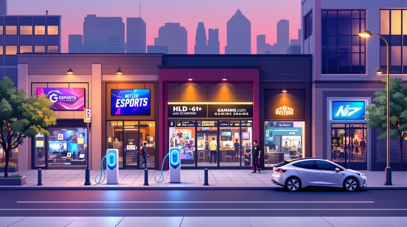 Isometric vector illustration showing a bustling urban street corner at dusk with vibrant neon accents. Center: a sleek curbs