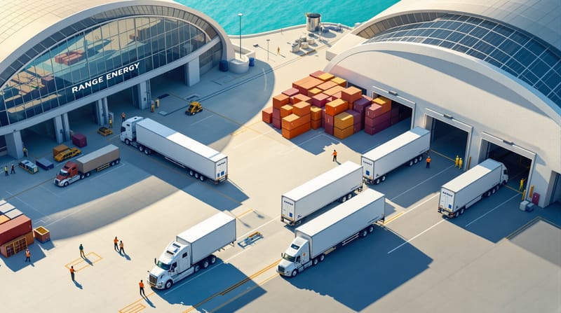 A photorealistic aerial view of a modern logistics facility with Range Energy's distinctive electric trailers being loaded an