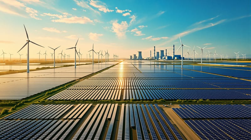 A sweeping photorealistic aerial view of a massive renewable energy installation featuring both wind turbines and solar panel