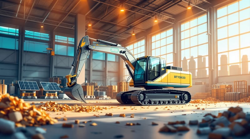 A photorealistic industrial scene showing a modern electric wheeled excavator with sleek design operating autonomously in a E
