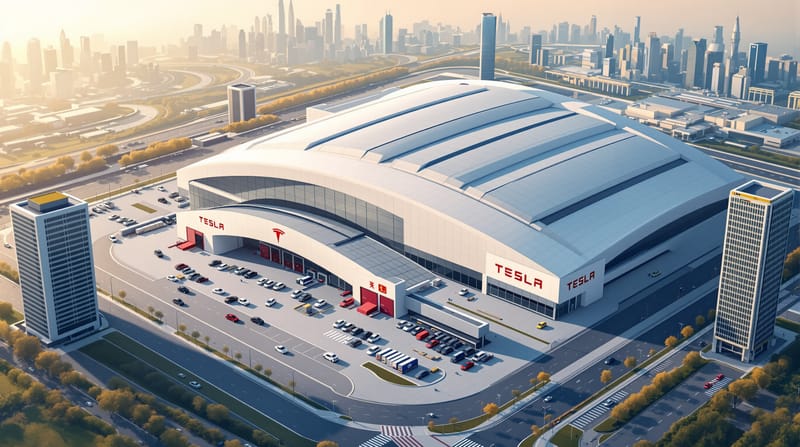 A photorealistic overhead view of Tesla's Shanghai Gigafactory with its distinctive curved architecture and Tesla logo clearl