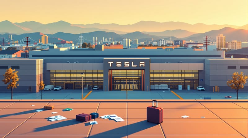 A photorealistic wide-angle shot of Tesla's Fremont factory entrance from an elevated perspective during golden hour, showing