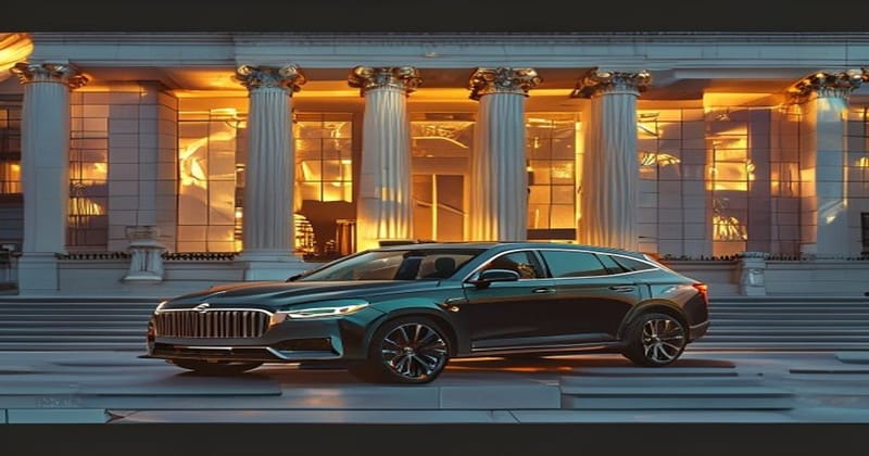 A photorealistic courtroom scene with a modern Tesla Model S parked in the foreground outside a contemporary courthouse build