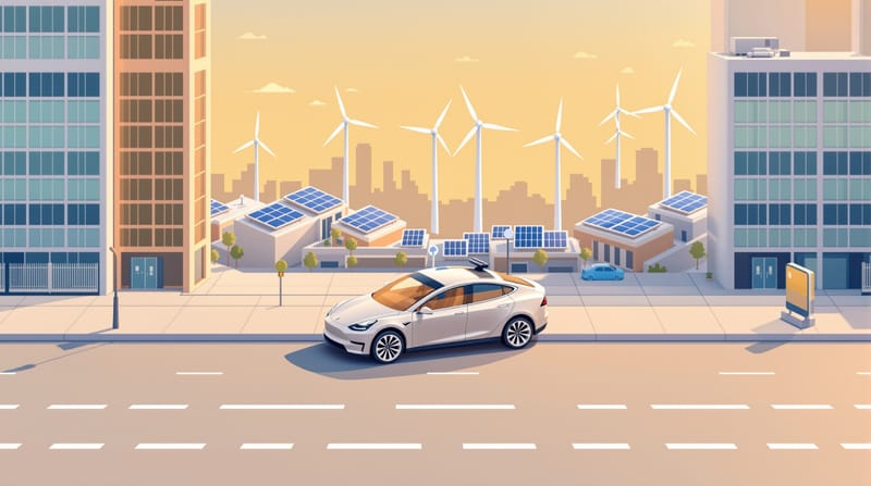 A photorealistic street scene showing a Tesla vehicle with autonomous driving sensors parked at a curbside, with the distinct