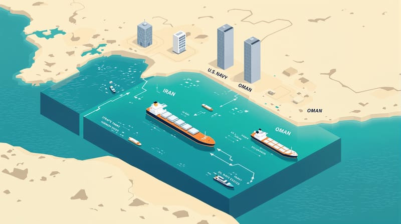 Flat 3D isometric vector illustration showing a cross-section of the Strait of Hormuz with three tanker vessels positioned at