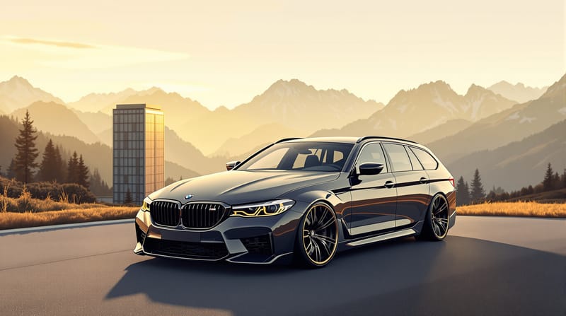 A sleek dark metallic BMW M5 Touring estate positioned at three-quarter front angle in the Alpine foothills near Buchloe, Ger