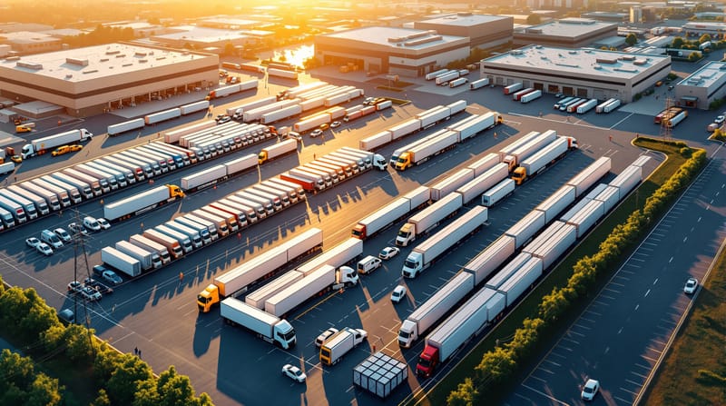 A photorealistic aerial view of a large commercial fleet depot at golden hour, showing rows of traditional diesel delivery tr
