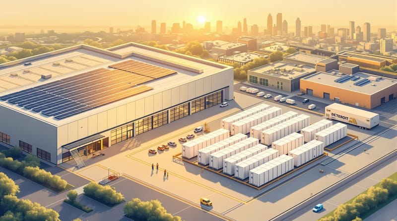 A sweeping aerial view of a modern automotive manufacturing facility in Michigan with the recognizable GM Renaissance Center 