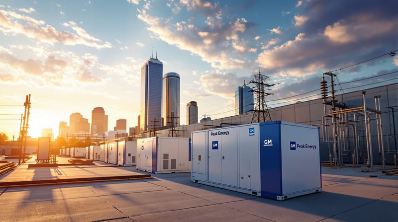 A photorealistic wide-angle shot of a modern industrial facility with GM's iconic headquarters building visible in the backgr