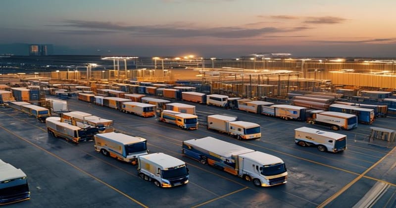 A wide-angle aerial photograph of a massive logistics terminal at golden hour, showing rows of pristine white electric semi t