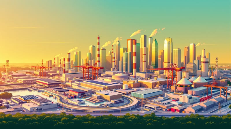 A sweeping aerial view of Houston's industrial skyline at golden hour, with the distinctive downtown Houston skyscrapers visi