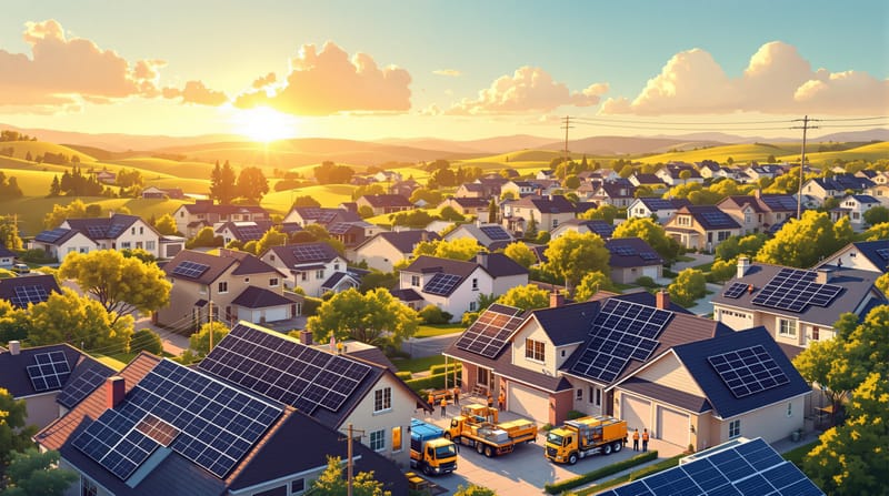 A dramatic aerial view of a suburban residential neighborhood at golden hour, showcasing dozens of homes with solar panels gl