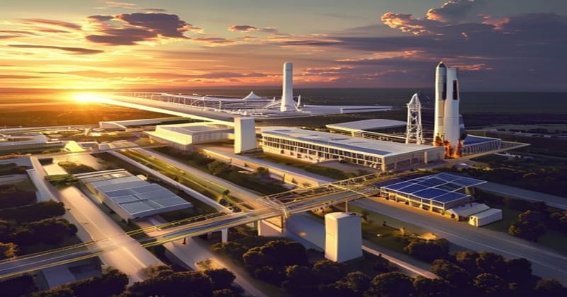 A photorealistic aerial view of Tesla's Gigafactory in Austin, Texas with SpaceX's Starbase facility visible in the distant b