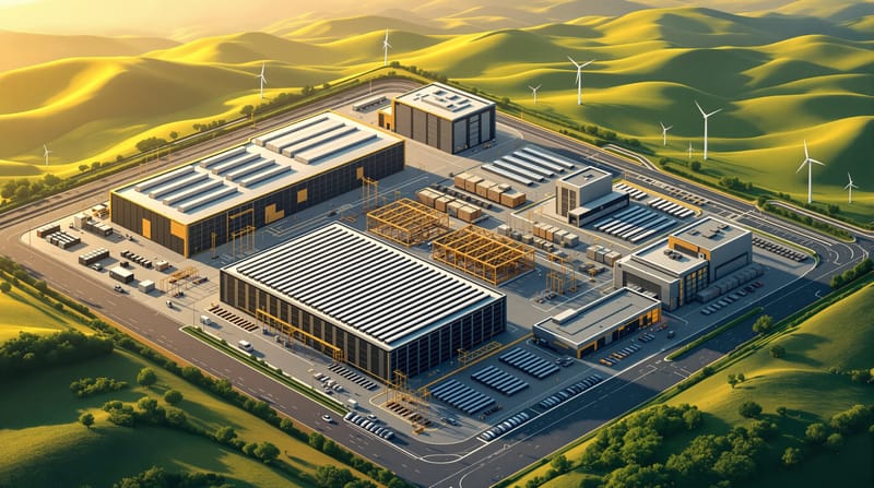 Photorealistic aerial view of a massive modern data center complex with distinctive server farm buildings featuring countless